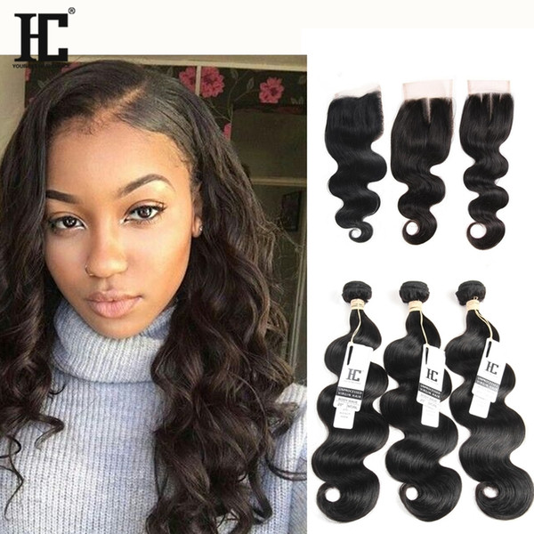 HC Hair Brazilian Virgin Hair Bundles With Closures 3 Bundles Brazilian Virgin Extensions With Closure Brazilian Human Hair With Closure