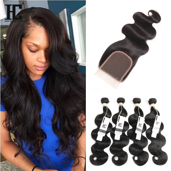 HC Hair Human 4 Bundles With Lace Closure Brazilian Unprocessed Virgin Hair Body Wave 4*4 Lace Closure With 4 Bundles Hair