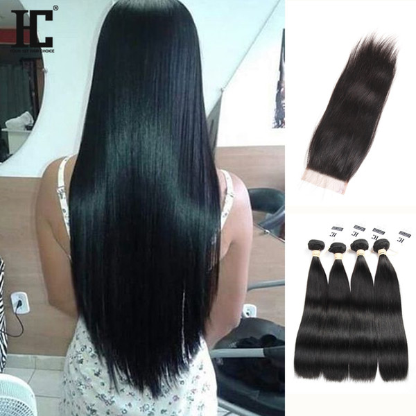 HC Hair Lace Closures With 4 Bundles Malaysian Straight Virgin Remy Human Hair Weaves With Lace Closure 4*4