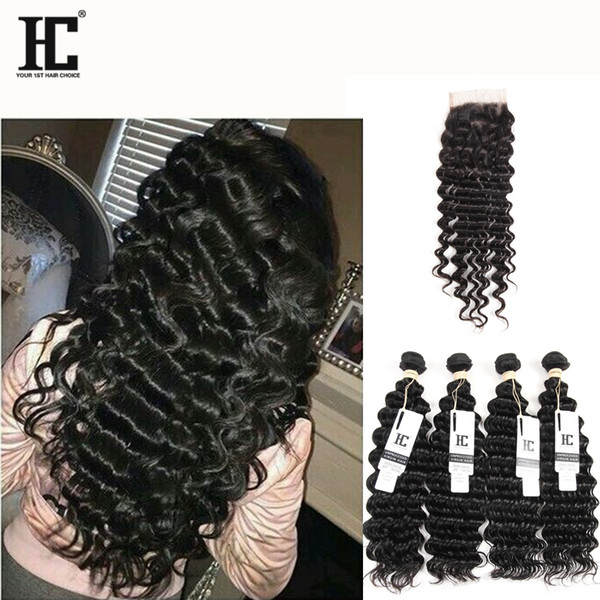 HC Hair Human Hair Bundles With Lace Closure 4 Bundles Natural Color Peruvian Deep Wave With Closure Extensions