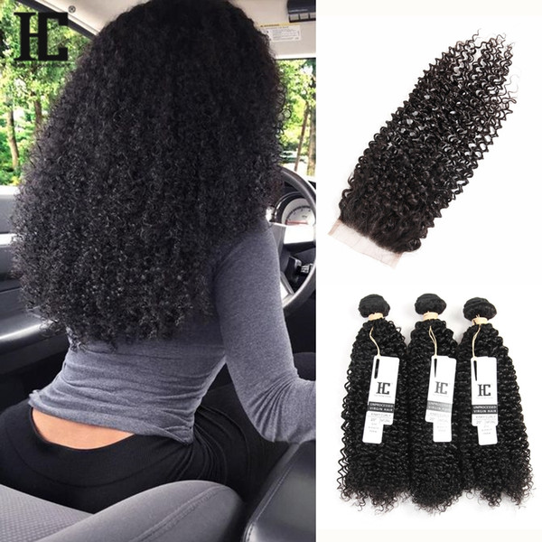 HC 7A Peruvian Hair Kinky Curly 3 Bundles with Closure 8-30 Double Weft Human Hair Extensions Dyeable Hair Weaves Closure Kinky Curly