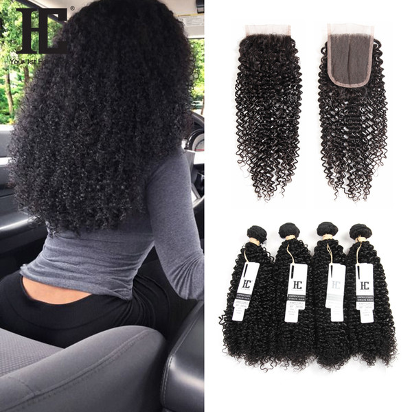 HC Hair Human Hair Bundles With Lace Closure 4 Bundles Natural Color Brazilian Kinky Curly Wave With Closure