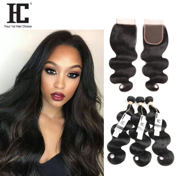 HC Hair Brazilian Virgin Hair with closure Extensions 3 Bundles Brazilian Body Wave With 4x4 Lace Closure Unprocessed Remy Human Hair Weave