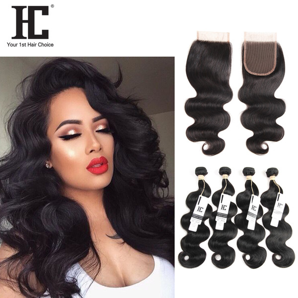 HC Hair Brazilian Body Wave Virgin Human Hair Weave 4 Bundles With Lace Closure Unprocessed Brazillian Remy Hair And Top Closures