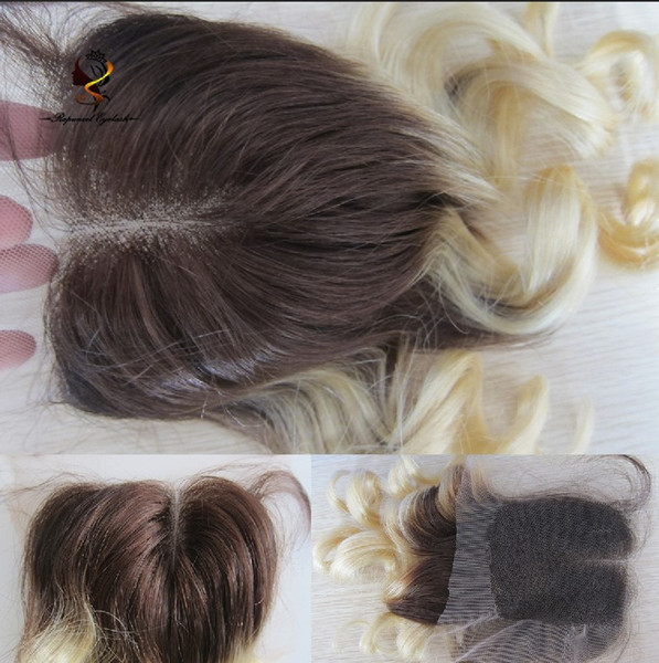 China supplier 100% human hair 4/613 Body wave swiss lace blonde ombre closure4X4