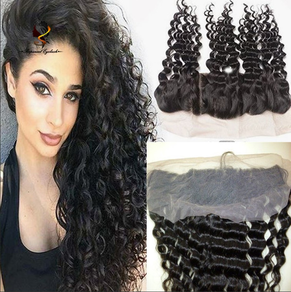 Natural Hairline Brazilian Hair Deep Wave Lace Frontal Ear to Ear 13x4 Free Part Closure with Baby Hair Bleached Knots