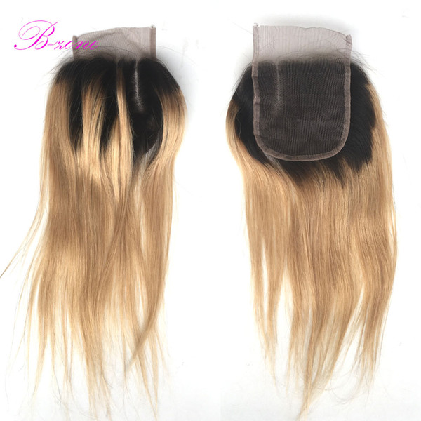 #27 Ombre Honey Blond Closure 4x4 Brazilian Hair Straight Top Lace Closure Bleached Knots with Baby Hair Free Shipping