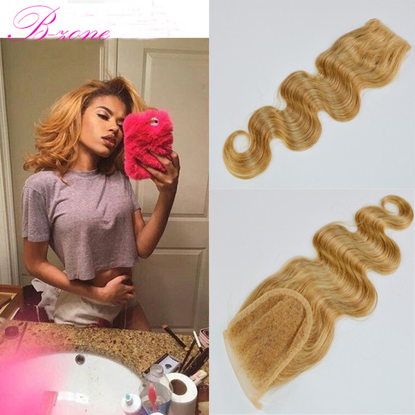 7A Brazilian Hair #27 Honey Blonde Top Lace Closure body wave Free Part bleached knots with baby hair Dark Brown 4*4 Lace Closures