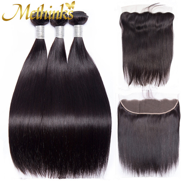 Methinks Hair Malaysian Human Hair Bundles With Frontal 3 Bundles Straight Hair Weave Natural Black Color 100% Human Unprocessed