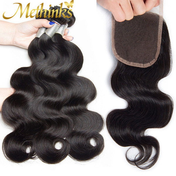 Methinks Hair Body Wave Peruvian Hair Bundles & 4*4 Lace Closure 3 Bundles Remy Hair Weaves 100% Human Bundles With Closure