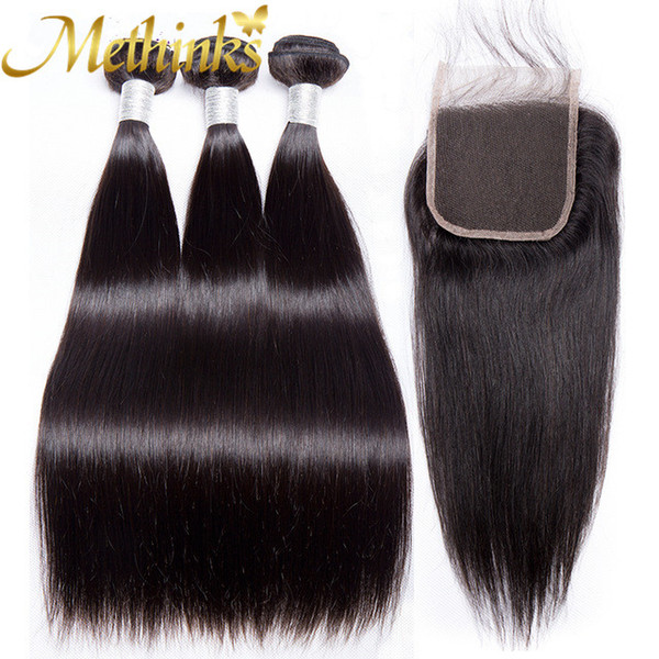 Methinks Hair Brazilian Straight Hair Bundles With Closure Free/Middle/Three Part 4Pcs Remy Human Hair Bundles With Lace Closure