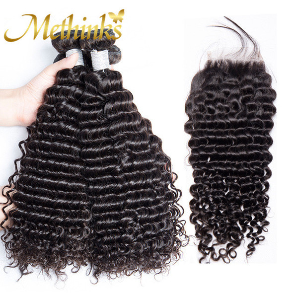 Methinks Hair Malaysian Deep Wave With Closure 100% Remy Human Hair Weave 4 Bundles With Closure Deal Natural Black Color