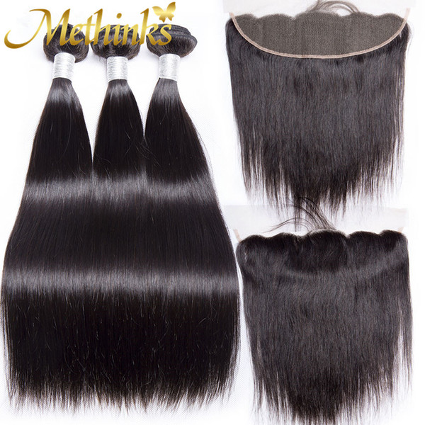 Methinks Hair Indian Straight Human Hair Bundles With Lace Closure Natural Black 3 Bundles Hair Weaves 100% unprocessed weave