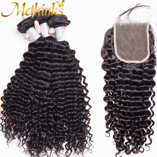 Methinks Hair Deep Wave Peruvian Hair Bundles & 4*4 Lace Closure 3 Bundles Remy Hair Weaves 100% Human unprocessed Bundles With Closure