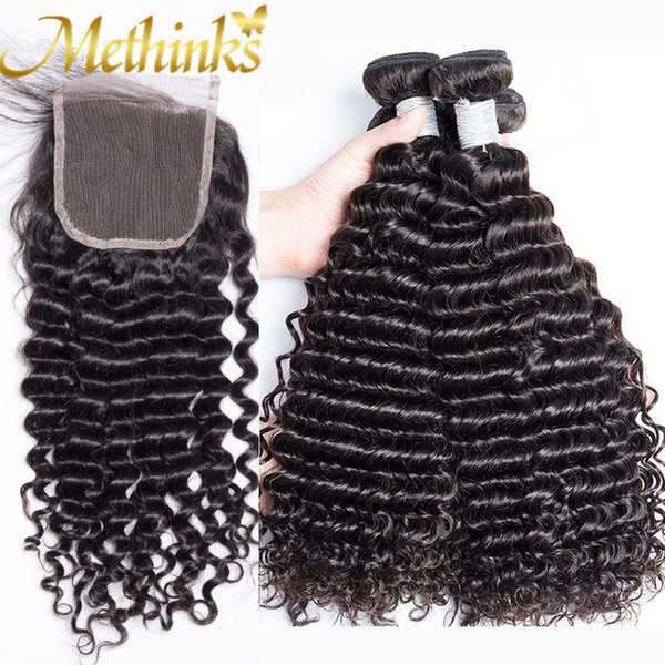 Methinks Hair Brazilian Deep Wave With Closure 5Pcs/Lot 100% Remy Human Hair Weave 4 Bundles With Closure Deal Brazilian Hair