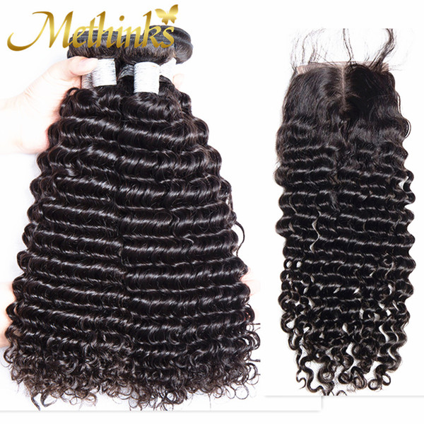 Methinks Hair Deep Wave Bundles With Closure 5Pcs/Lot Remy Human Hair Bundles With Closure Peruvian Deep Wave Hair With Closure