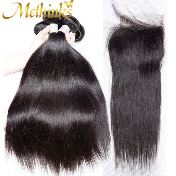 Methinks Hair Raw Indian Straight Hair With Closure Human Hair 4 Bundles With Closure Remy Weft Extension & 4*4 Lace