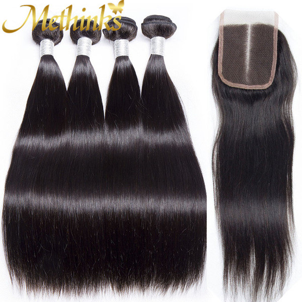 Methinks Peruvian Straight Hair With Closure 4 Bundles & Lace Closure Natural Black Color Remy Human Hair Bundles With Closure