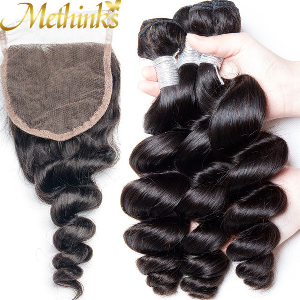 Methinks Human Hair Bundles With Closure Loose Wave 3 Bundles With Closure Natural Color Remy Peruvian Hair Weave Bundles & Closure