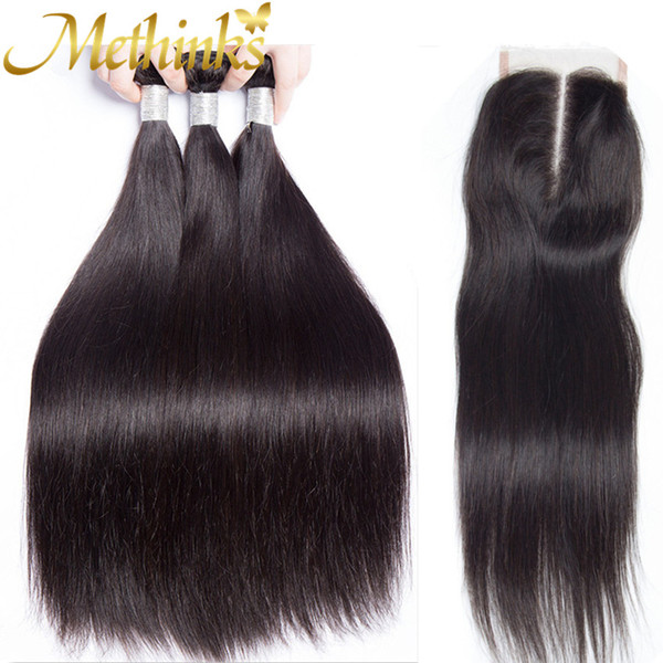 Methinks Hair Malaysian Straight Hair With Closure 3 Bundles With Closure Free/Middle/Three Part Remy Human Hair Bundles With Closure