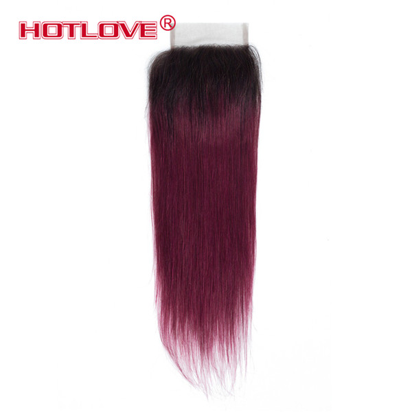 Hotlove 1b/99j Ombre Hair Lace Closure With Baby Hair Medium Brown Lace 100% Brazilian Straight Human Hair