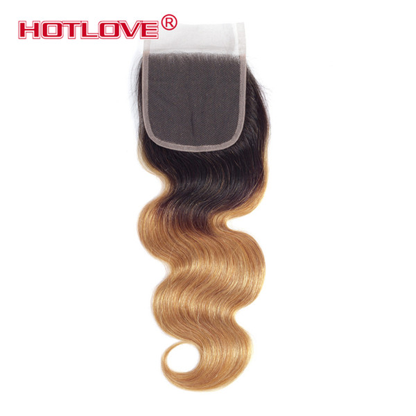 Hotlove Brazilian 1b 27 Body Wave Human Hair Ombre Blonde Free Part 4x4 Lace Closure With BabyHair