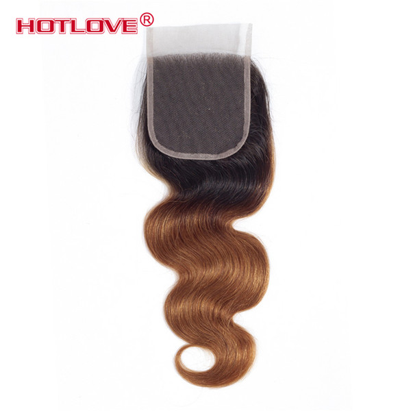 Hotlove Brazilian Body Wave Closure Remy Human Hair 4''x4'' Free Part Lace Closure Ombre Color 1B/30 Medium Brown Lace