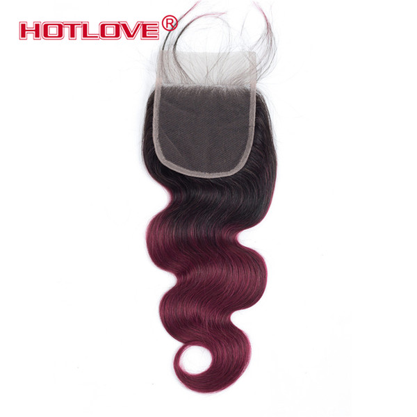 Hotlove Ombre Color 1b/99j Body Wave Hair Lace Closure Good Quality Brazilian Human Hair Free Part Lace Closure Medium Brown Lace