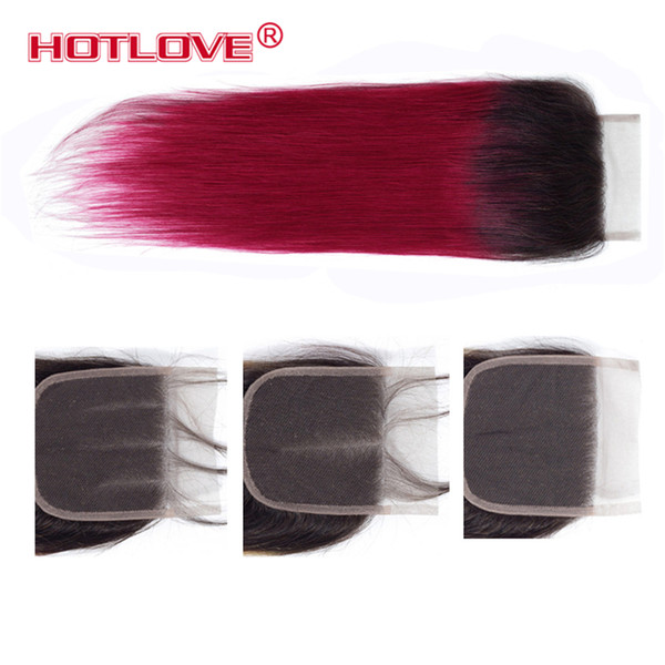 Hotlove Ombre 1B/Burgundy 4*4 Lace Closure Free/Middle/Three Part Pre-Colored 10-20 Inch Brazilian Straight Lace Closure 