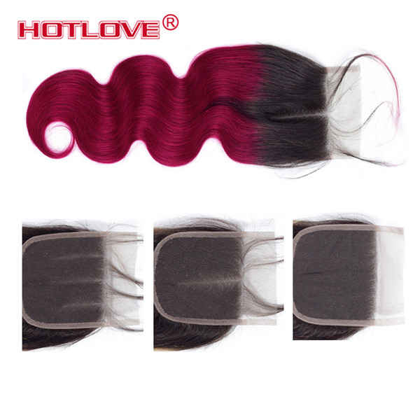 Hotlove Ombre Two Tone Lace Closure Free/Middle/Three Part 100% Brazilian Human Hair Ombre 1B/Burgundy Body Wave Hair Lace Closure 4*4