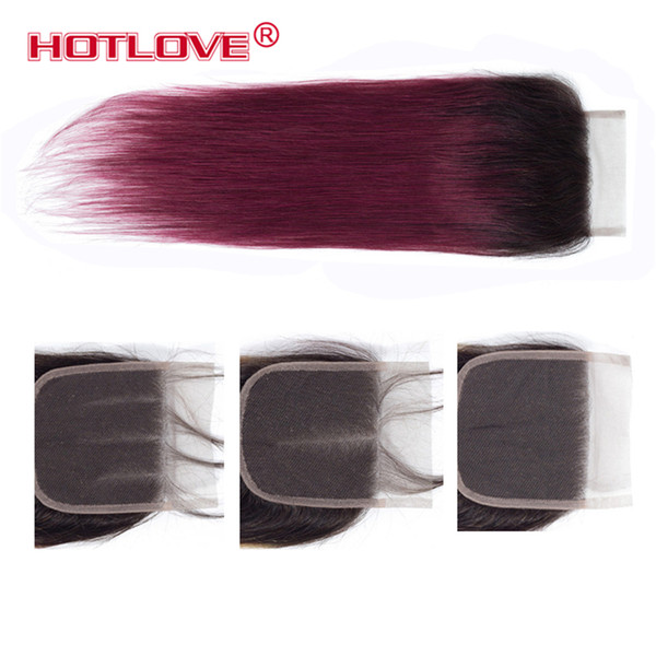 Hotlove Brazilian Straight Hair Weave Lace closure 1B/99j Ombre 4*4 Lace Closure Free/Middle/Three Part Pre-Colored 10-20 Inch 