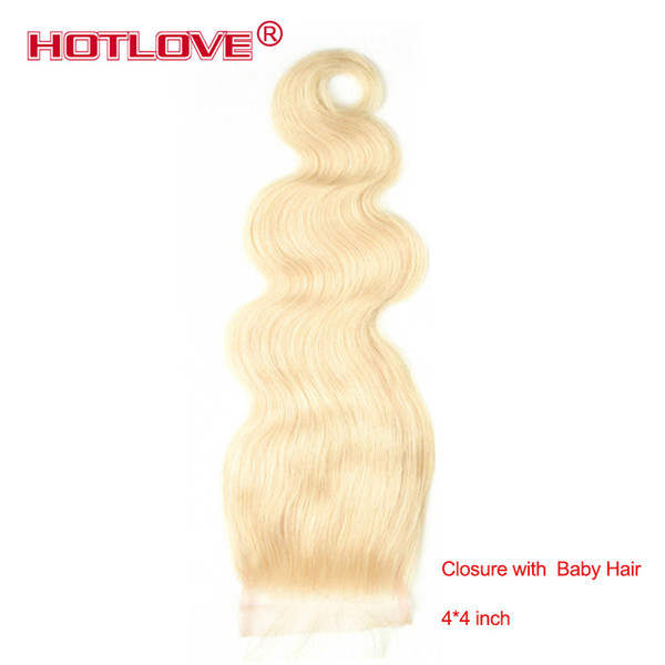 613 Blonde Closure 4*4 Free Part Brazilian Virgin Straight Human Hair Closure with Baby Hair Brazilian Body Wave Top Quality Kinky Curly