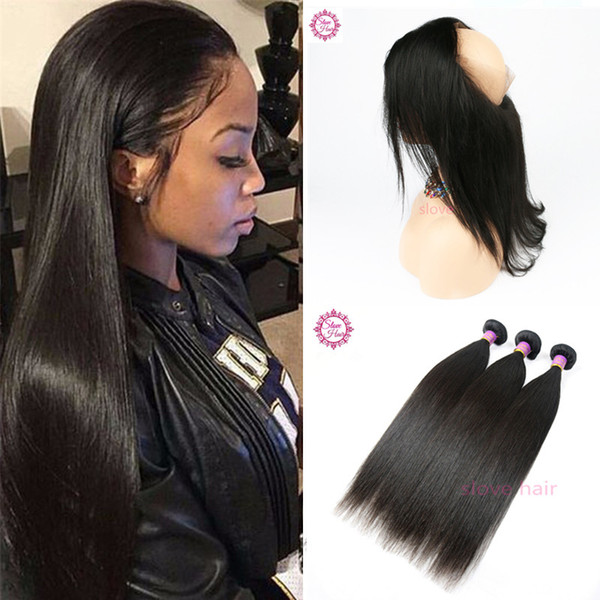 360 Lace Frontal Closure With Bundles Brazilian Virgin Human Hair Silky Straight Weave With Full 360 Frontal Band Natural Hairline