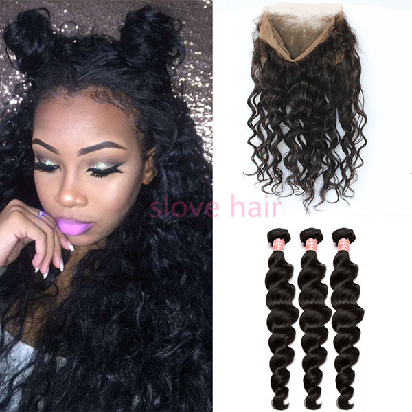 8A Peruvian Loose Wave Human Hair Weave With 360 Lace Frontal Closure Ear To Ear Full Frontal Lace Band Closure With 3 Bundles