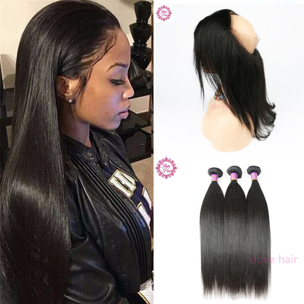 Brazilian Silk Straight Virgin Human Hair With Frontal Closure Cheap 3 Bundles With 360 Lace Band Frontal Closure 4Pcs Lot