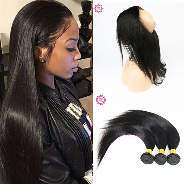360 Lace Frontal With Bundles Brazilian Virgin Hair Silky Straight Weave With Full 360 Frontal Lace Band Closure Natural Hairline Slove hair