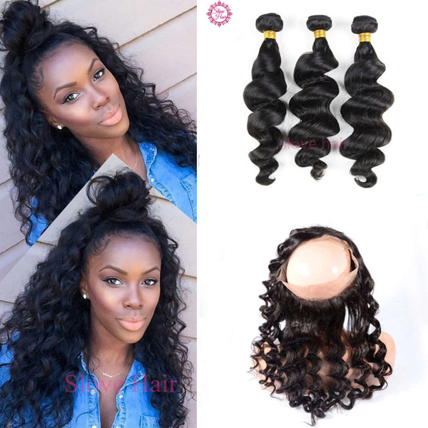 Malaysian Loose Wave Wavy 360 Lace Frontal Closure With Bundles Unprocessed Human Hair Weaves With Full Frontal Lace Band Closure 4Pcs Lot