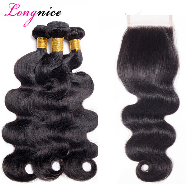 8A Brazilian Hair Bundles With Closure 10-26 DoubleWeft Human Hair Extensions Dyeable Hair Weaves Closure Malaysian Straight Body Wave Wavy