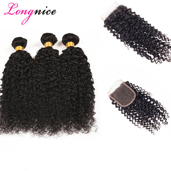 Malaysian Kinky Curly 3 Bundles with 4x4 Lace Closure Brazilian Afro Kinky Virgin Human Hair With Closure Unprocessed Human Hair Extension