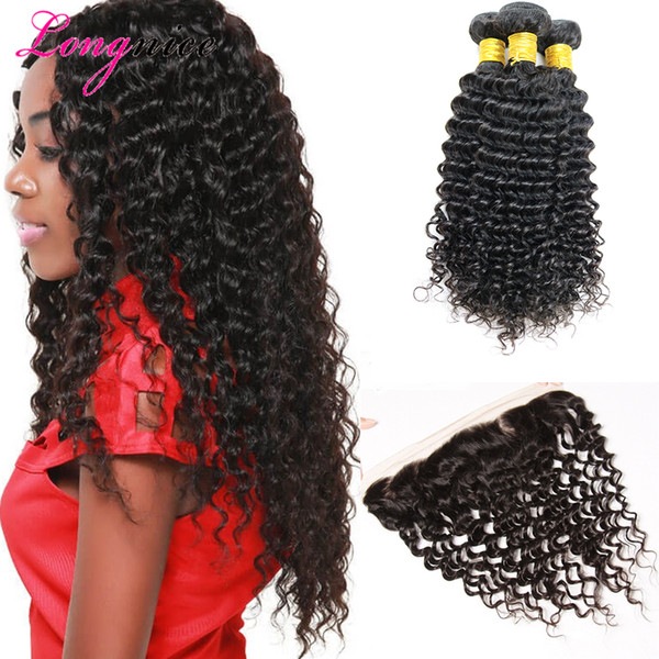 Human Hair Extensions Weft Malaysian Deep Wave Curly 3 Bundles With 13X4 Lace Frontal Hair Weaves Hair Bundles With Frontal 4 Pieces/lot