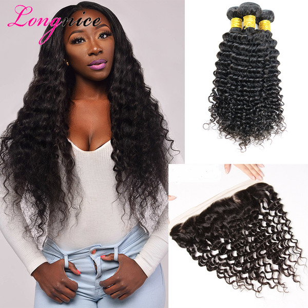 Brazilian Human Hair 13x4 Lace Frontal Closure With Bundles Virgin Hair Curly Deep Wave Pre Plucked Frontal Lace Closure With 3 Bundles