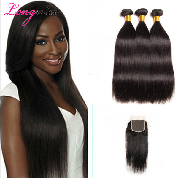 Peruvian Straight 3 Extension Bundles With Lace Closure UNPROCESSED Brazilian Malaysian Indian Virgin Human Hair Wefts Hot Selling!