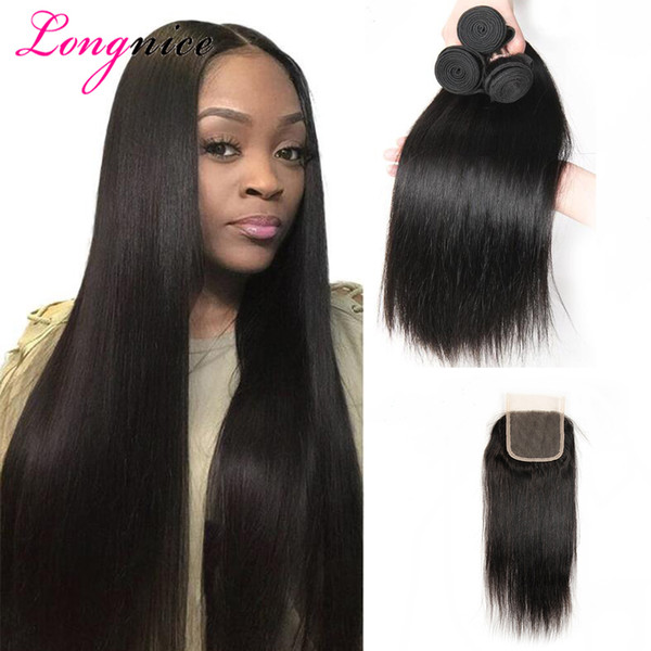 8A Brazilian Virgin Hair With Closure Extensions 3 Bundles Brazilian Body Wave Hair With Lace Closure Body Wave Straight Human Hair Weave