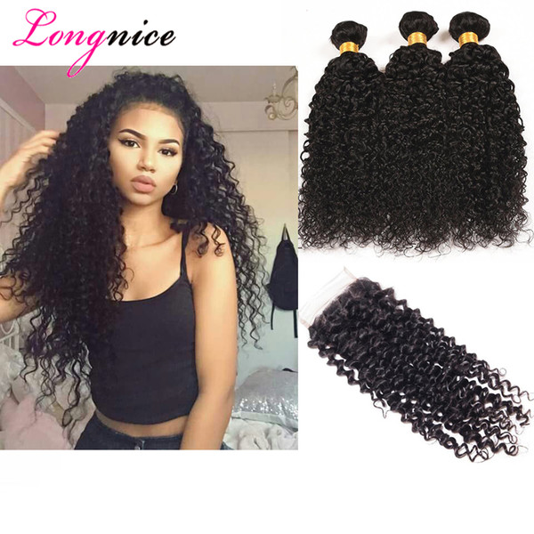 Gaga Queen 8A Grade Human Hair Weaves Bundles with Closure Mongolian Curly Brazilian Malaysian Virgin Hair Curly Remy Hair with Lace Closure