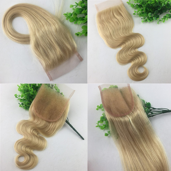 4x4 Lace Closure 613 Blonde Human Hair Brazilian Virgin Remy Hair Straight Body Wave Bleached Knots Free Part Swiss Lace