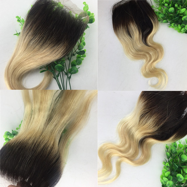 4x4 Lace Closure Ombre Blonde 1B 613 Two Tone Human Hair Brazilian Virgin Hair Straight Body Wave Bleached Knots Free Part Swiss Lace