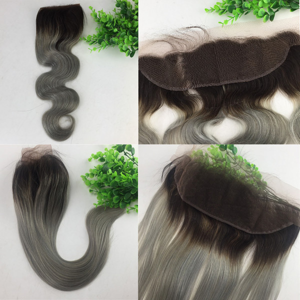 13x4 Brazilian Lace Frontal Closure Ombre 1b Grey Human Virgin Hair Straight Body Wave Bleached Knots Free Part