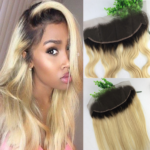 13x4 Brazilian Lace Frontal Closure Ombre 1b 613 Blonde Human Virgin Hair Straight Body Wave Bleached Knots Free Part