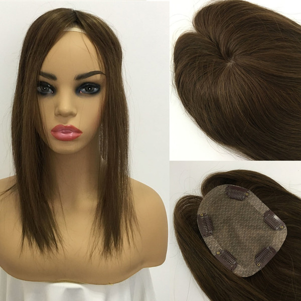 Toupee Hairpiece For Women Brazilian Virgin Hair Straight Human Hair 4x5inch Silk Base Clip In Human Hair Extension 4# Brown Colo