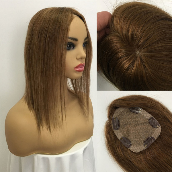 Toupee Hairpiece For Women Brazilian Virgin Hair Straight Human Hair 4x5inch Silk Base Clip In Human Hair Extension 6# Brown Color